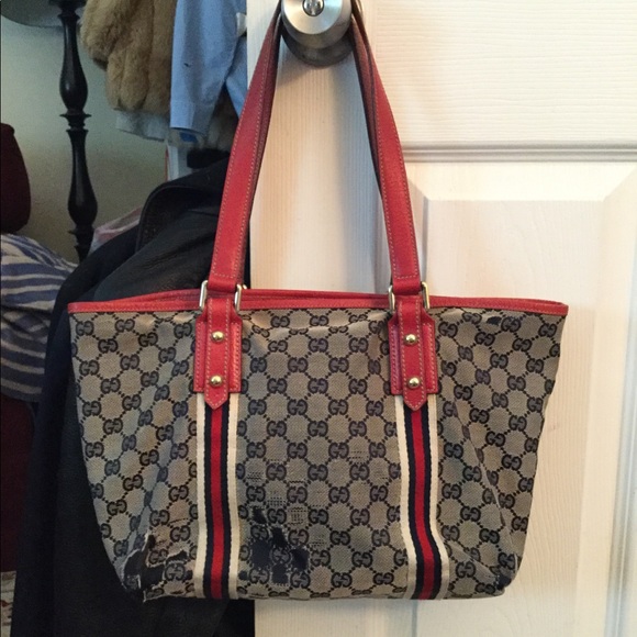 GUCCI VINTAGE MONOGRAM NAVY SATCHEL TOTE BAG PURSE - Picture 6 of 8